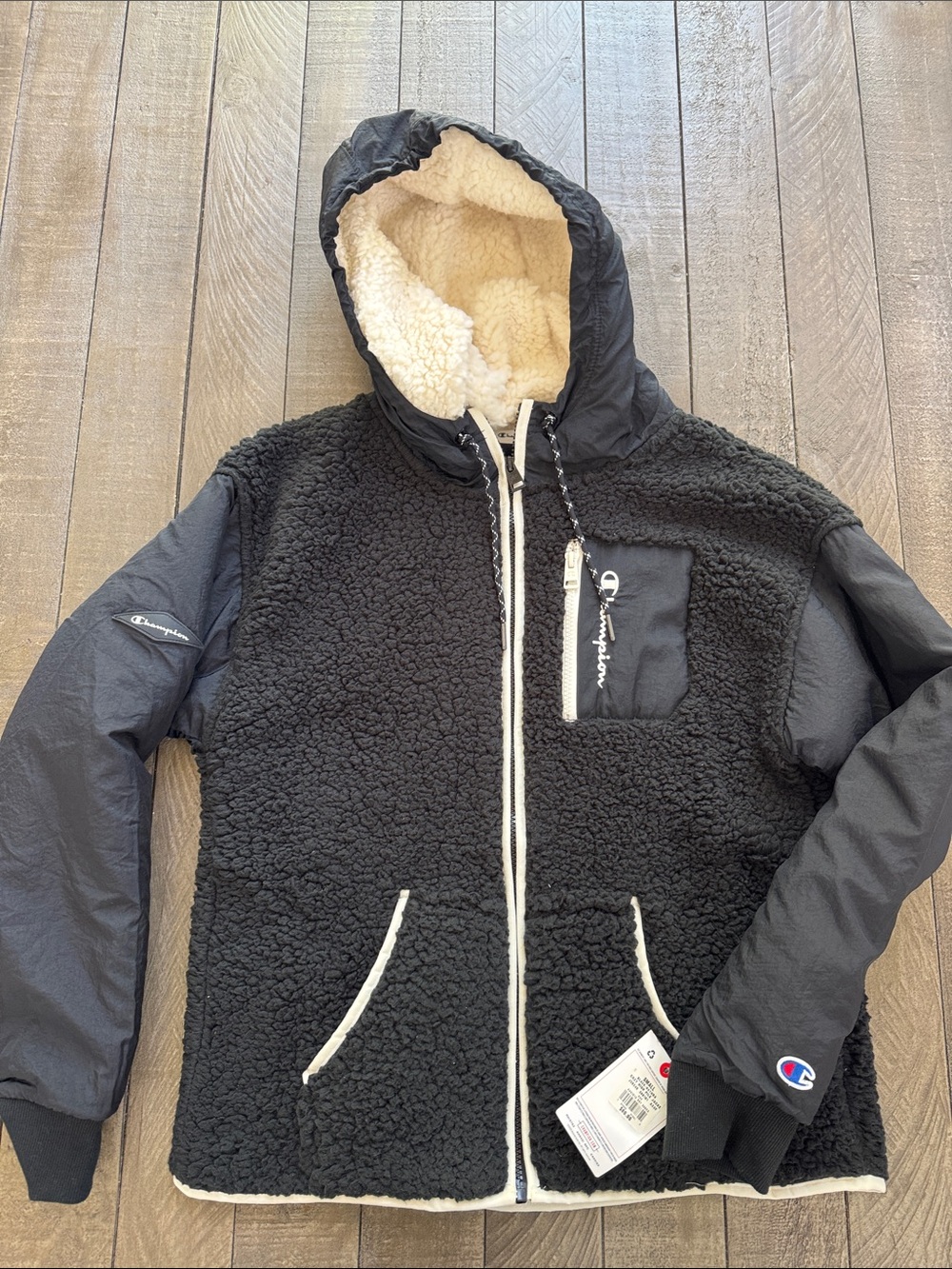 Champion Black Sherpa Hooded Jacket with Cream Trim